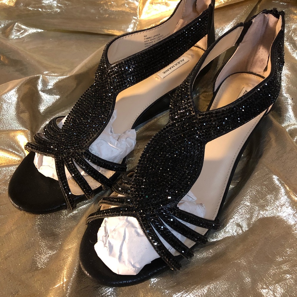 Alex Marie Black Beaded Open-Toe Slingback Heels